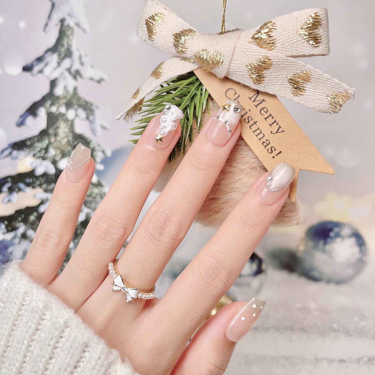 LX-X35 Winter new wearable nail pure handmade phototherapy Press on nail patch crystal cat's eye hand-painted snowflake Christmas limited nail