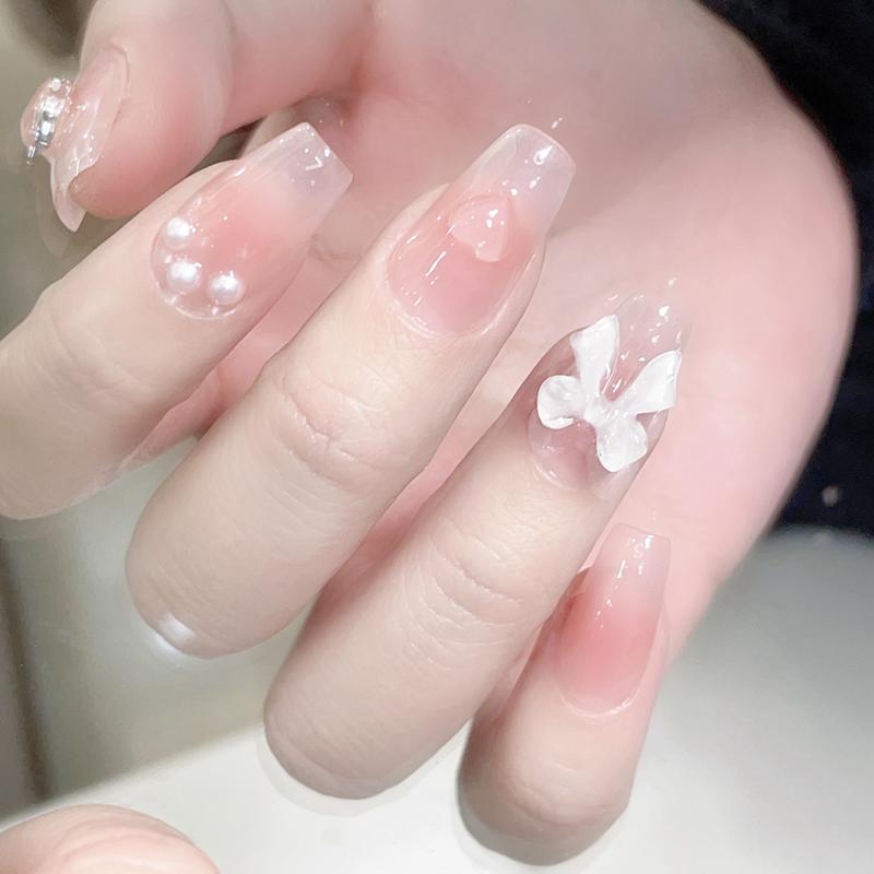 LX-059 Vitality girl student short handmade wear Press on nail piece vitality girl student short blush bow nail art patch removable pure desire