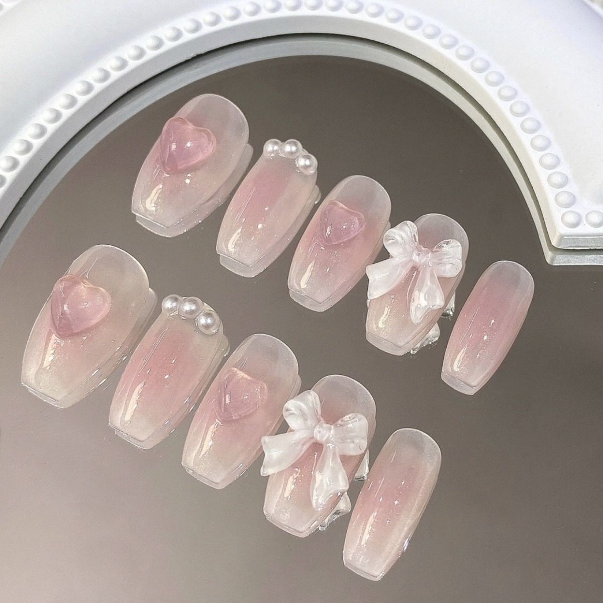 LX-059 Vitality girl student short handmade wear Press on nail piece vitality girl student short blush bow nail art patch removable pure desire