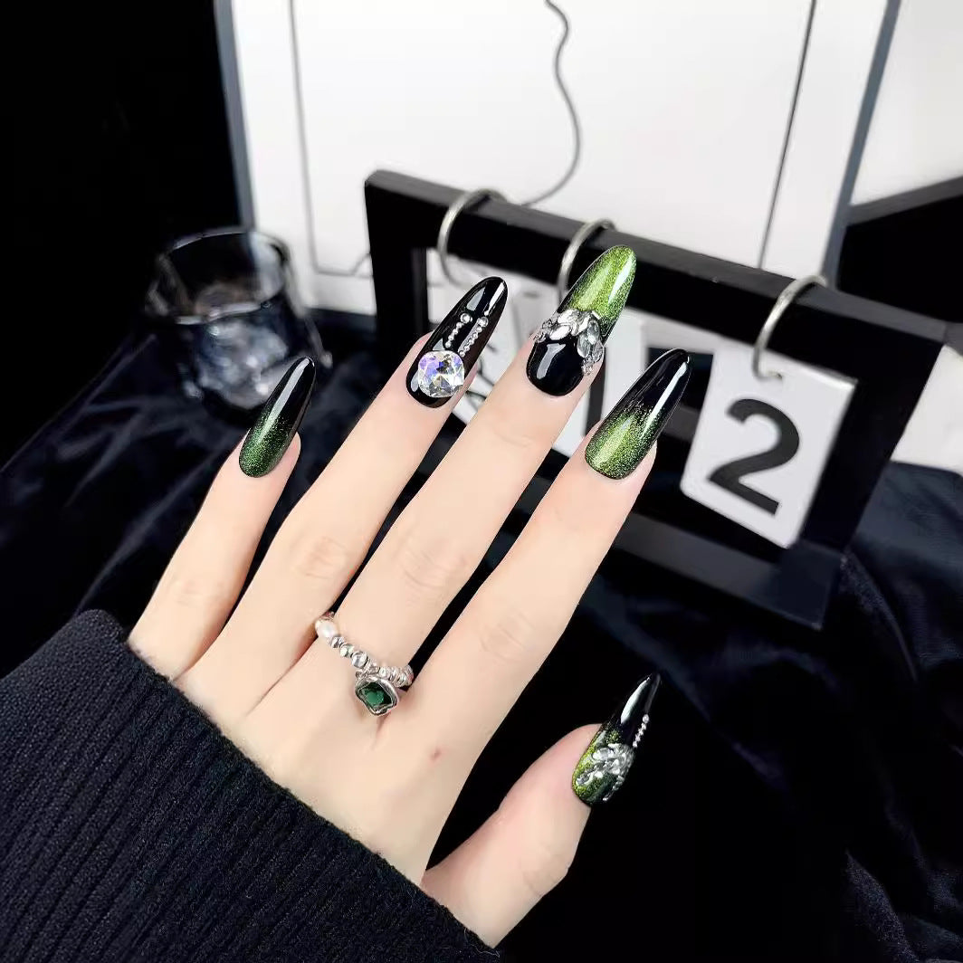 LX-C24 Dark green cat's eye Press on nail art popular European and American handmade wearable nail long broken diamond flash removable nail wholesale