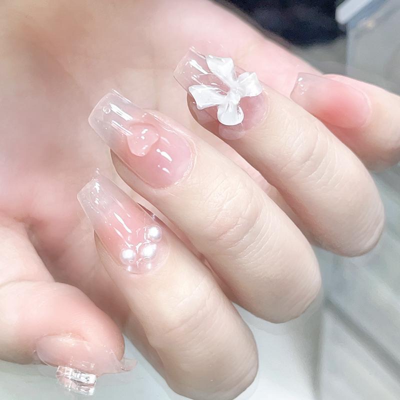 LX-059 Vitality girl student short handmade wear Press on nail piece vitality girl student short blush bow nail art patch removable pure desire