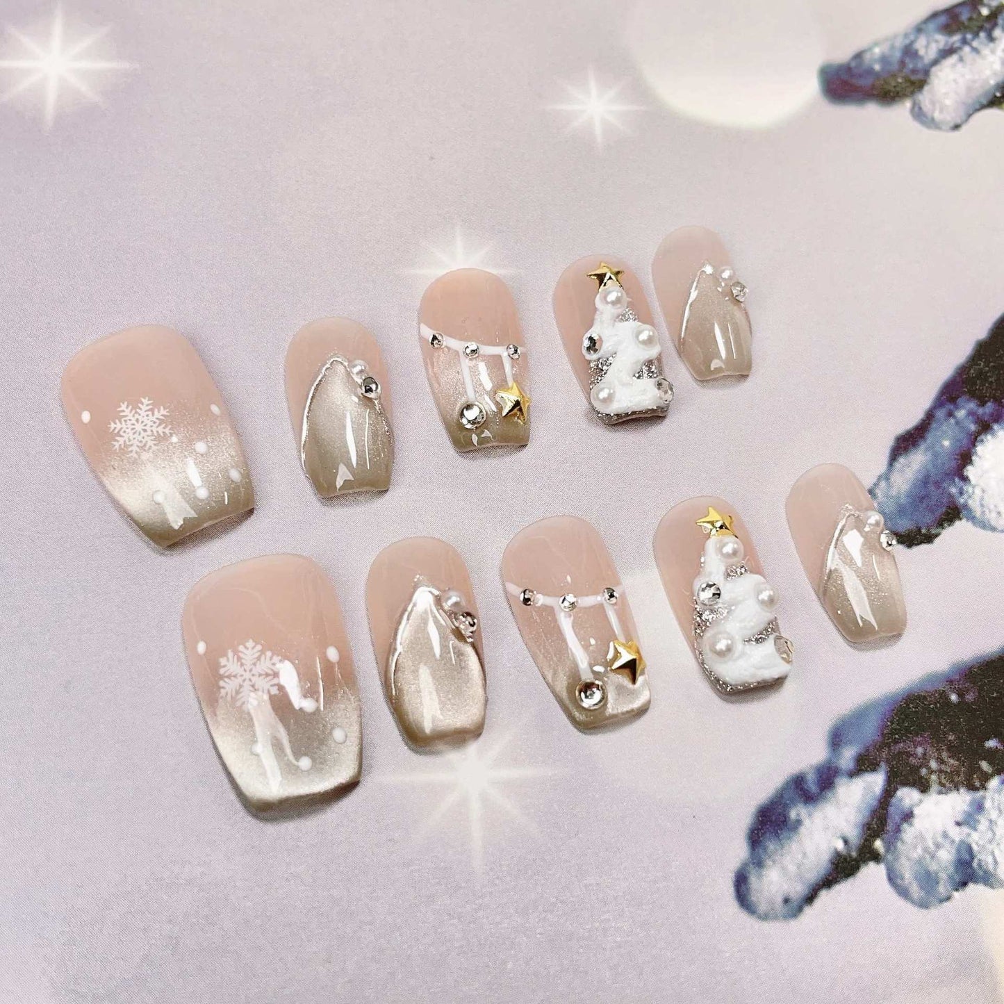 LX-X35 Winter new wearable nail pure handmade phototherapy Press on nail patch crystal cat's eye hand-painted snowflake Christmas limited nail