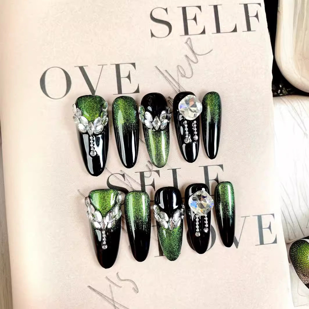 LX-C24 Dark green cat's eye Press on nail art popular European and American handmade wearable nail long broken diamond flash removable nail wholesale