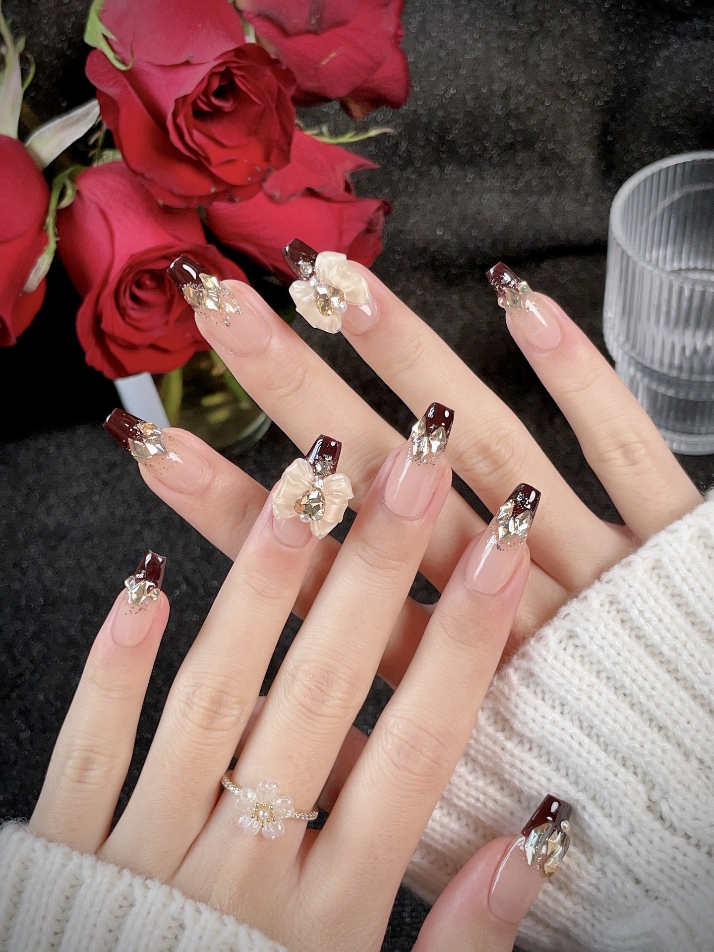 LX-E02 Light luxury French hand-painted butterfly handmade wear nail new light therapy nail wine red ribbon gentle goddess temperament