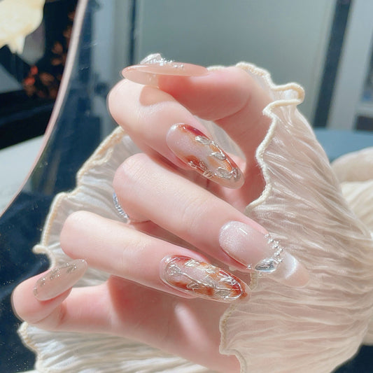 Autumn and winter new pure handmade wearable Press on nails art piece Maillard high-end French cat's eye hand-painted false nails finished product wholesale