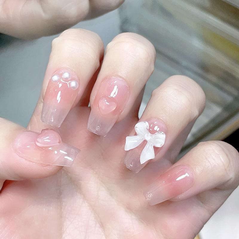 LX-059 Vitality girl student short handmade wear Press on nail piece vitality girl student short blush bow nail art patch removable pure desire