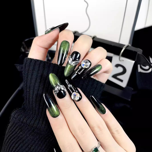 LX-C24 Dark green cat's eye Press on nail art popular European and American handmade wearable nail long broken diamond flash removable nail wholesale